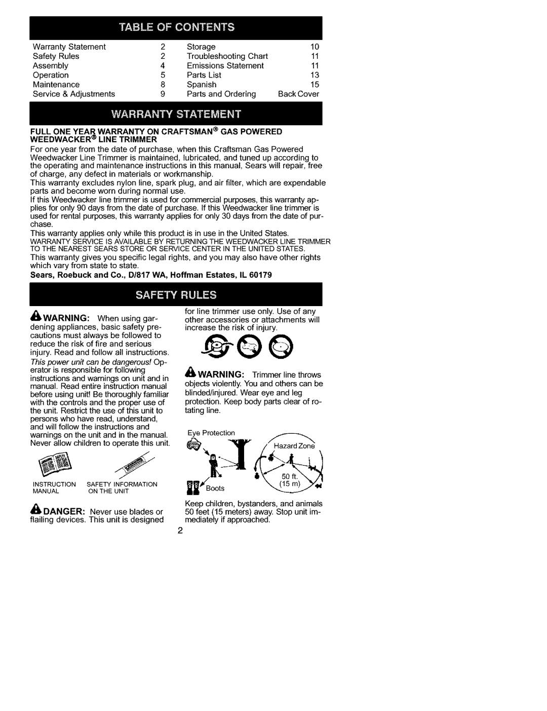 Craftsman 358.745511 Sears, Roebuck and Co., 13/817 WA, Hoffman Estates, IL, Ii.Warning, Trimmer line throws 