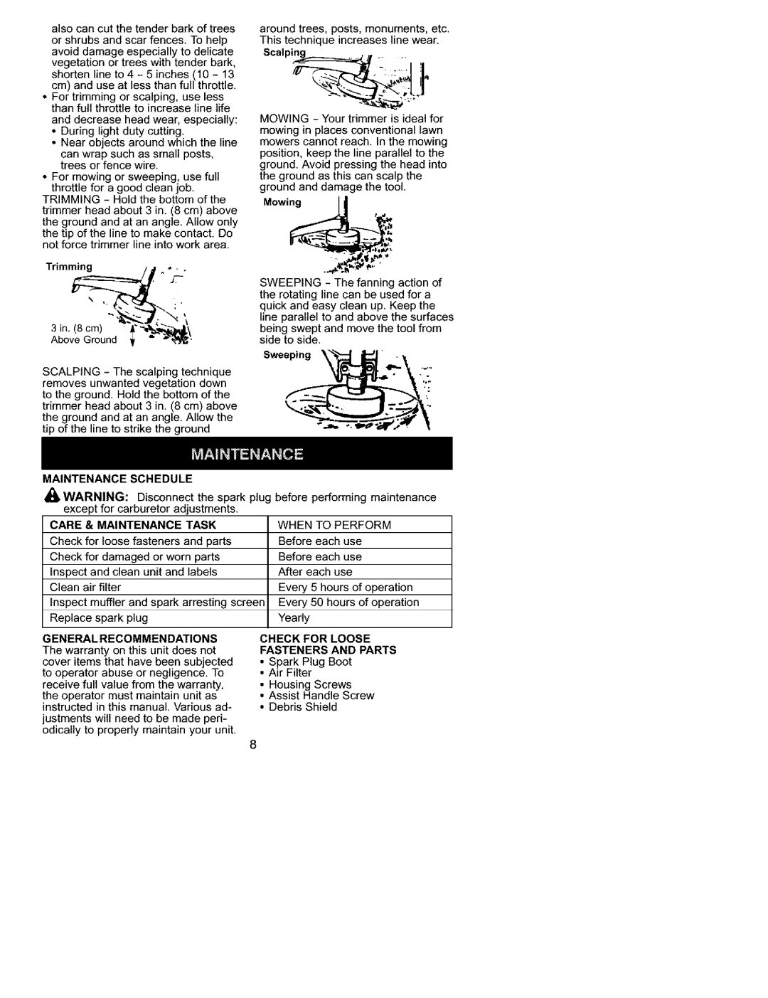 Craftsman 358.745511 instruction manual Maintenance Schedule, Care & Maintenance Task, Eneral Recommendations 