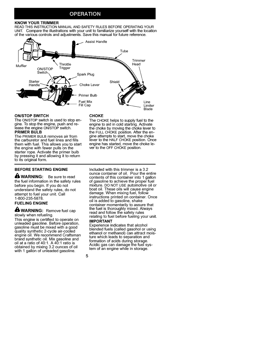 Craftsman 358.745511 instruction manual PrimerBulb, Know Your Trimmer, Before Starting Engine 