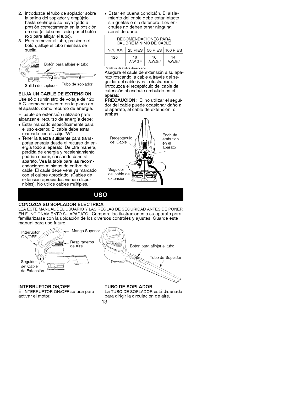 Craftsman 358.748200 manual Elija UN Cable DE Extension, Interruptor ON/OFF, Tubo DE Soplador 