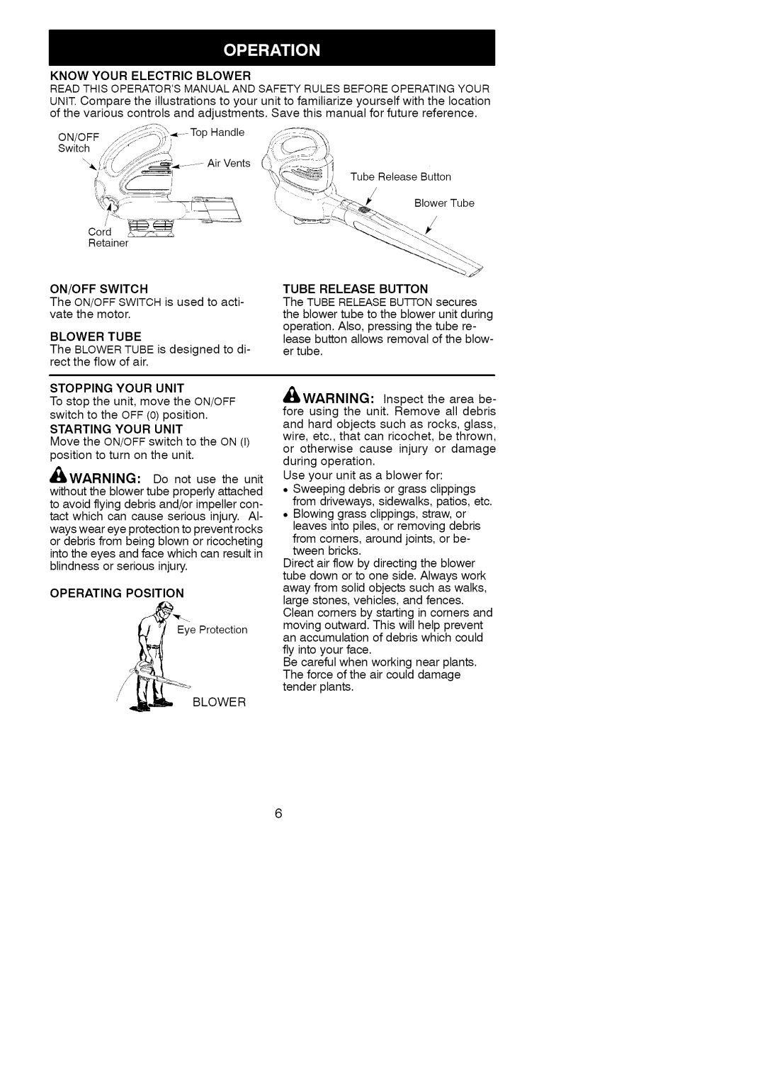 Craftsman 358.748200 manual Know Your Electric Blower, On/Off, ON/OFF Switch, Blower Tube, Tube Release Button 