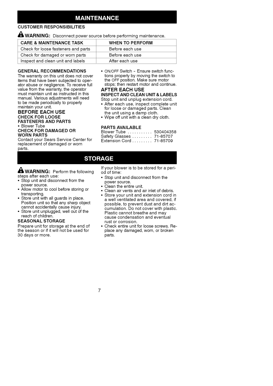 Craftsman 358.748200 manual After Each USE Inspect and Clean Unit & Labels 