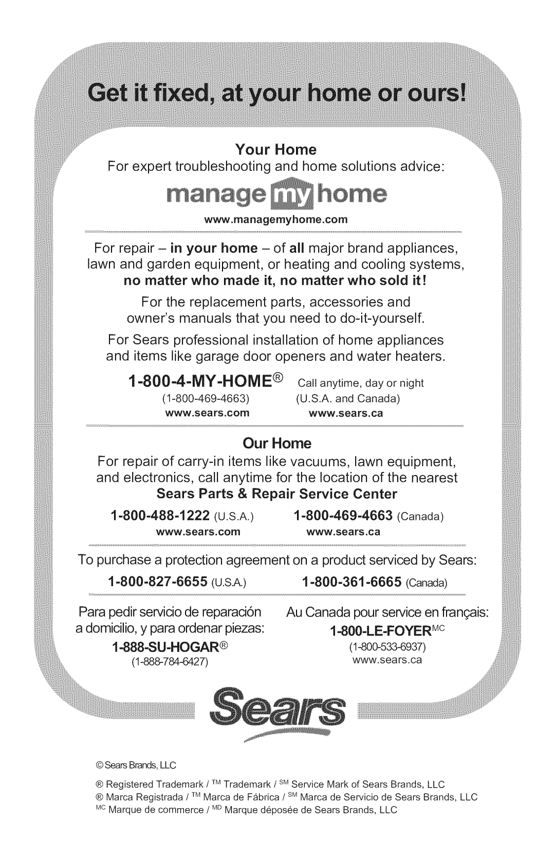 Craftsman 358.748200 manual manage home, ourHome, SearsParts& RepairServiceCenter, Your Home 