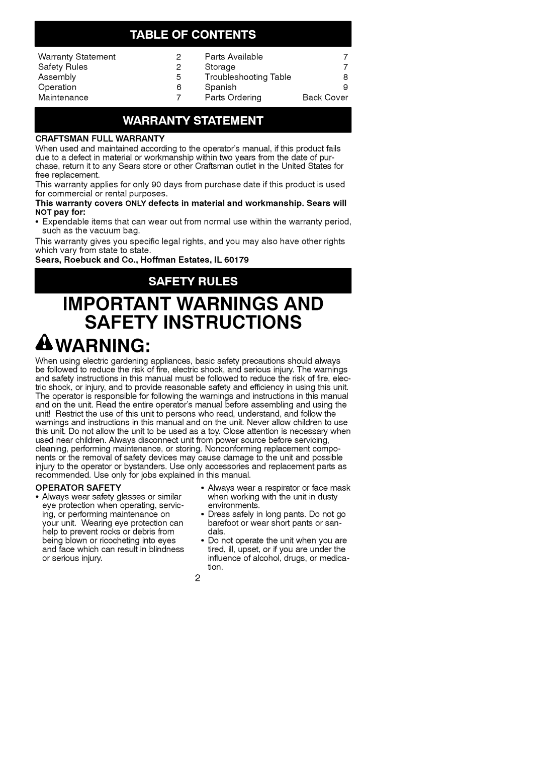 Craftsman 358.748200 manual Important Warnings And Safety Instructions, Awarning 