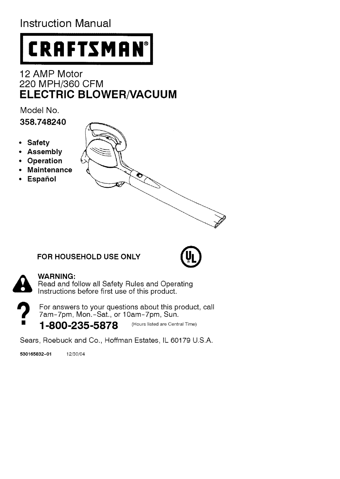 Craftsman 358.74824 instruction manual JCRRFT$1VlRNI, AMP Motor 220 MPH/360 CFM 