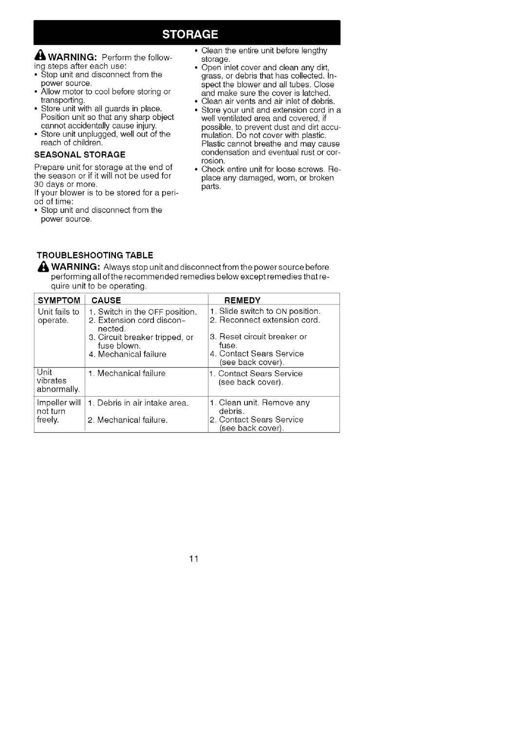 Craftsman 358.74824 instruction manual Seasonal Storage, Troubleshooting Table Symptom, Cause, Remedy 