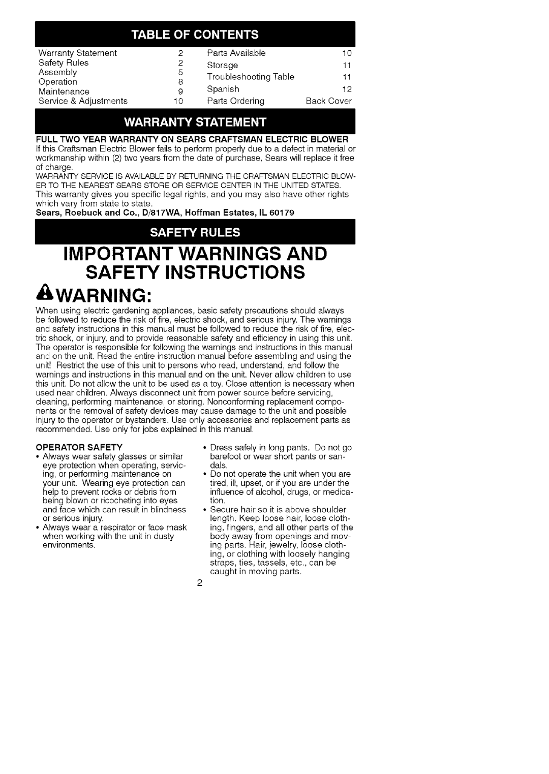 Craftsman 358.74824 instruction manual Full TWO Year Warranty on Sears Craftsman Electric Blower, Operator Safety 