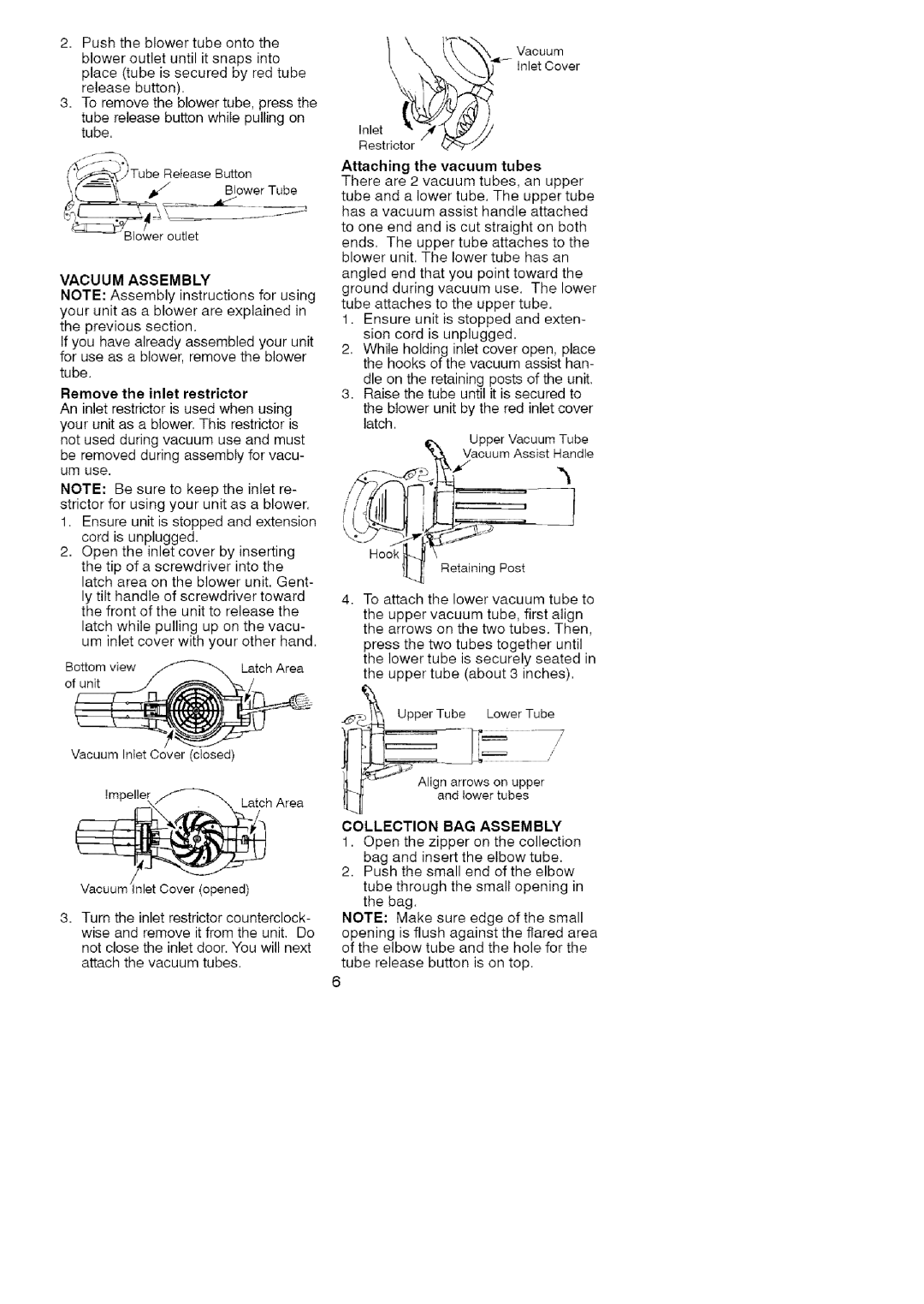 Craftsman 358.74824 ¢TubeReleaseButton Attaching the vacuum tubes, Vacuum Assembly, Collection BAG Assembly 