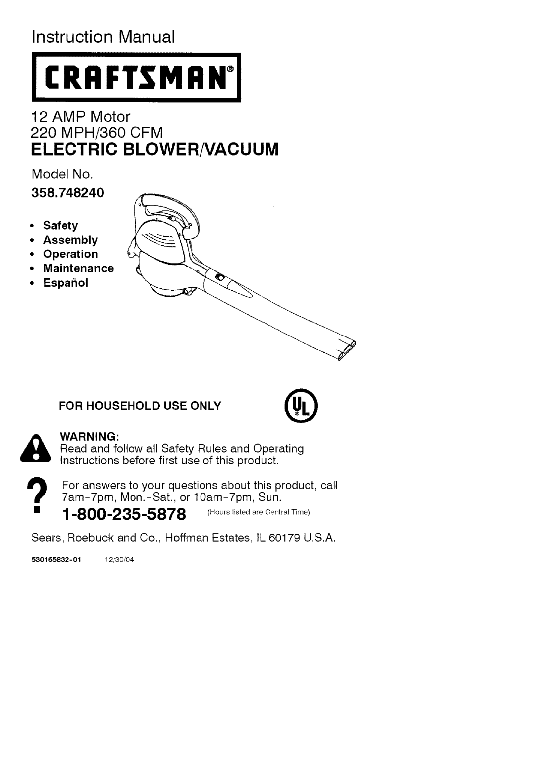 Craftsman instruction manual JCRRFT$1VlRNI, Electric Blowernacuum, Model No, 358.748240, Safety Assembly 