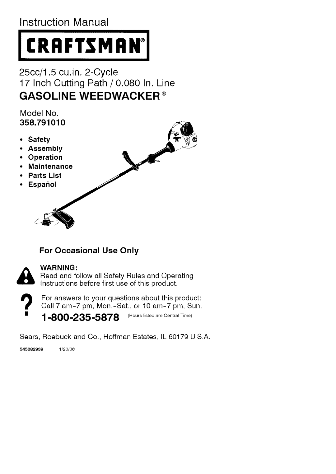 Craftsman 358.79101 instruction manual Gasoline Weedwaoker 