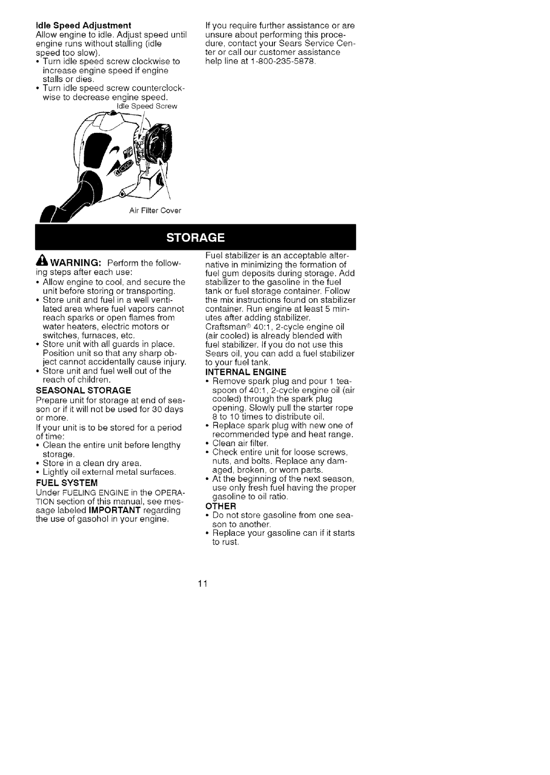 Craftsman 358.79101 instruction manual Idle Speed Adjustment, Seasonal Storage, Fuel System, Internal Engine, Other 