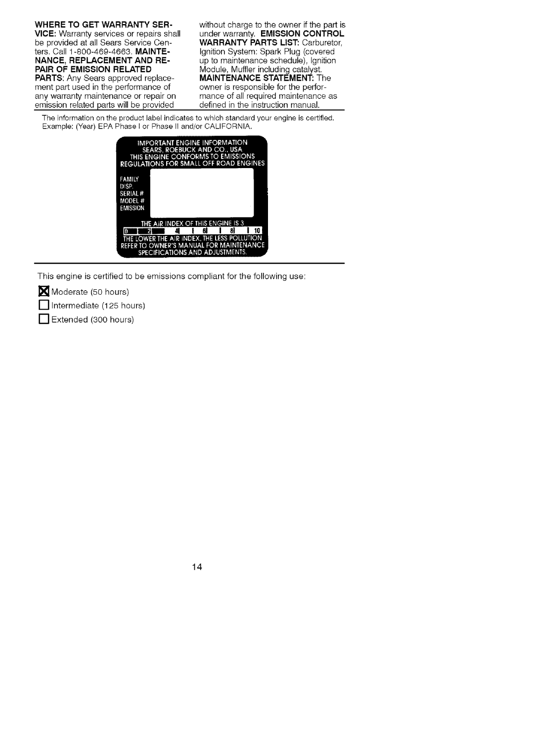 Craftsman 358.79101 instruction manual NANCE, Replacement and RE- Pair of Emission Related 