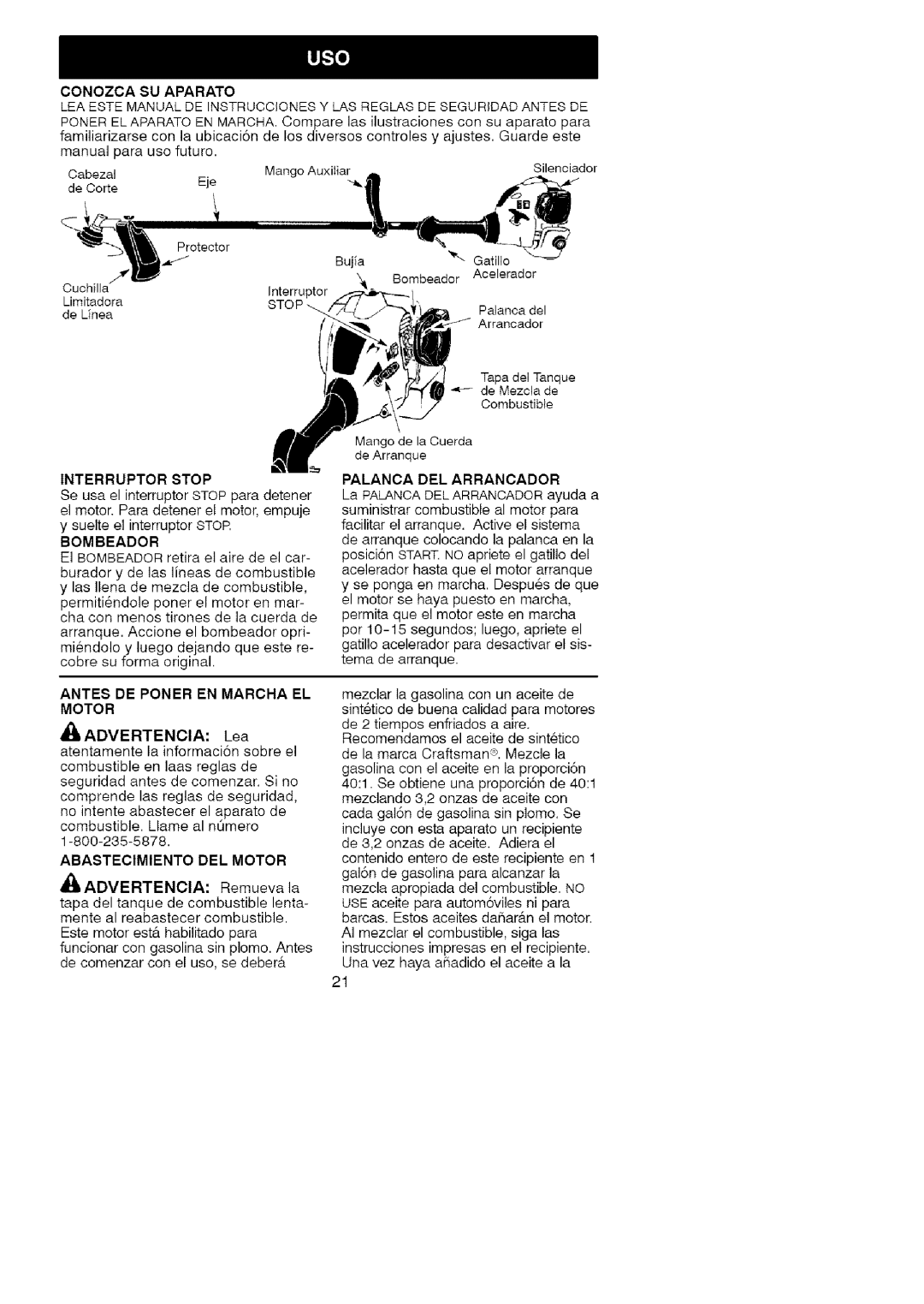 Craftsman 358.79101 instruction manual Antes DE Poner EN Marcha EL Motor, Abastecimiento DEL Motor, Palanca DEL Arrancador 