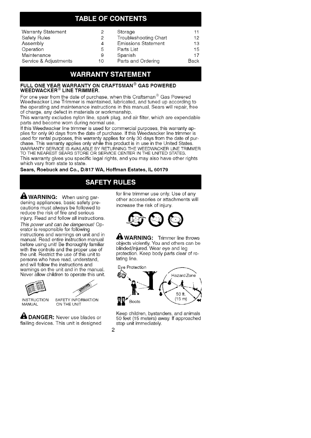 Craftsman 358.79101 Sears, Roebuck and Co., D/817 WA, Hoffman Estates, IL, This power unit can be dangerous! Op 