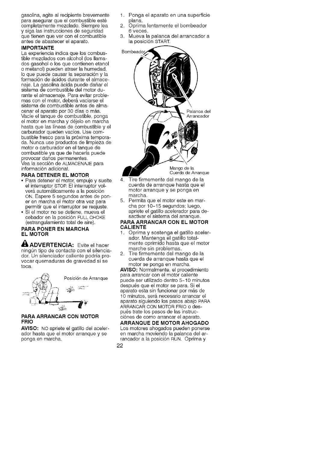 Craftsman 358.79101 instruction manual Para Detener EL Motor, Para Poner EN Marcha EL Motor, Para Arrancar CON Motor Frio 