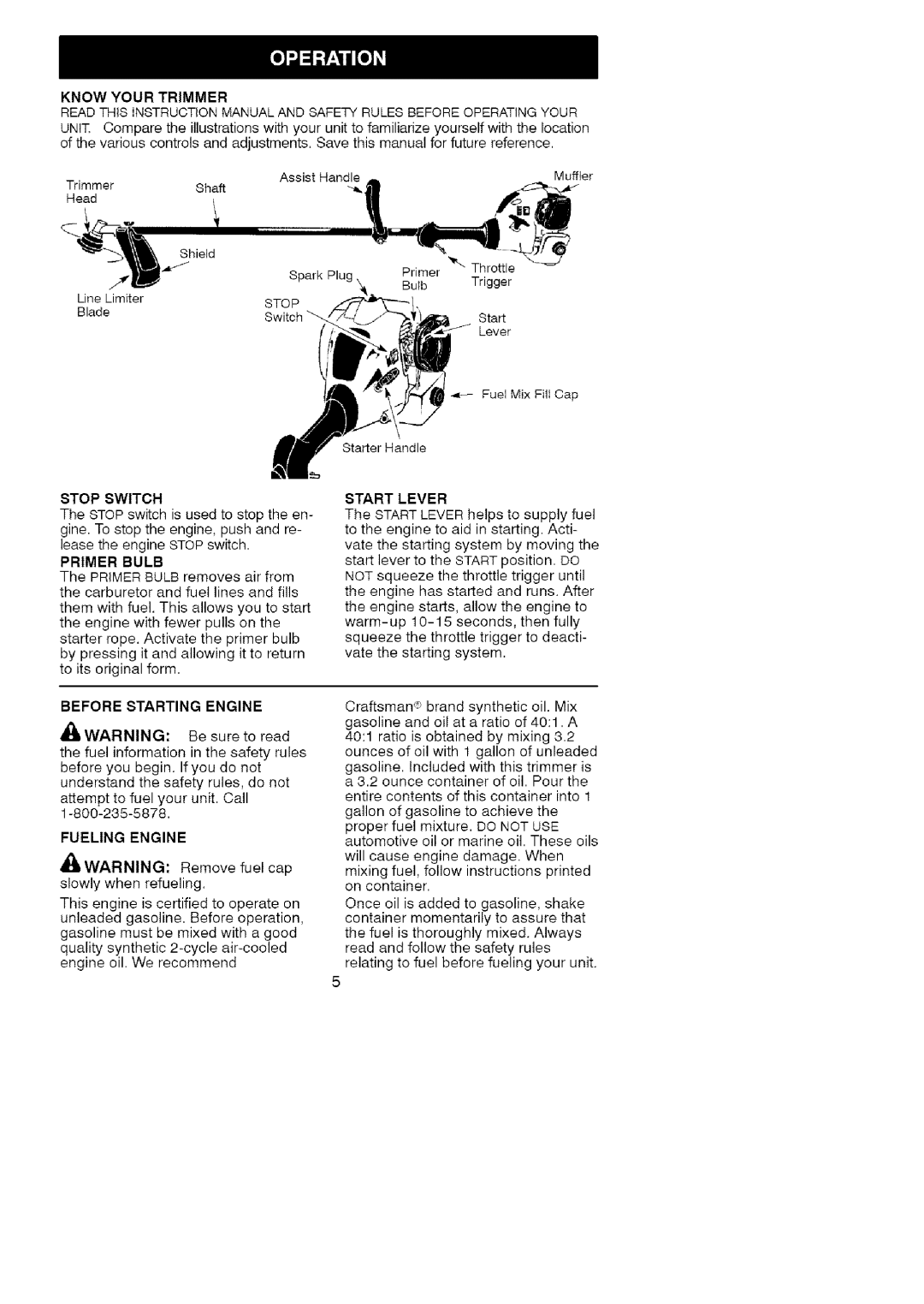 Craftsman 358.79101 instruction manual Stop Switch, Primer Bulb, Before Starting Engine, Fueling Engine, Start Lever 