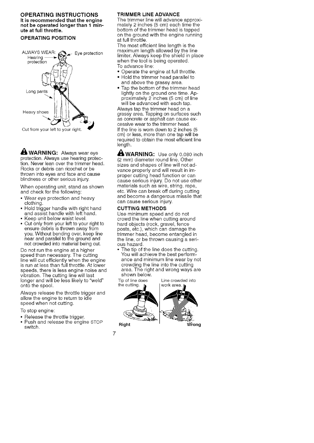 Craftsman 358.79101 Operating Instructions, Operating Position, Trimmer Line Advance, Cutting Methods, RightWong 