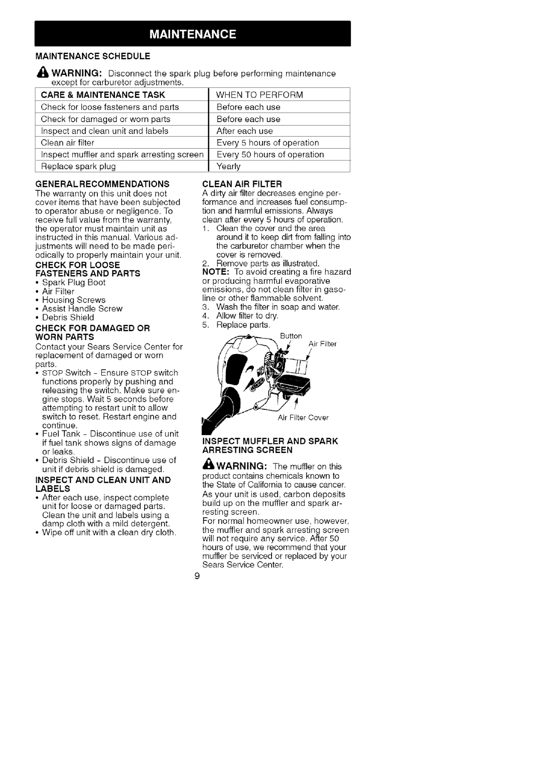 Craftsman 358.79101 Maintenance Schedule Care & Maintenance Task, General Recommen Dations, Labels, Clean AIR Filter 