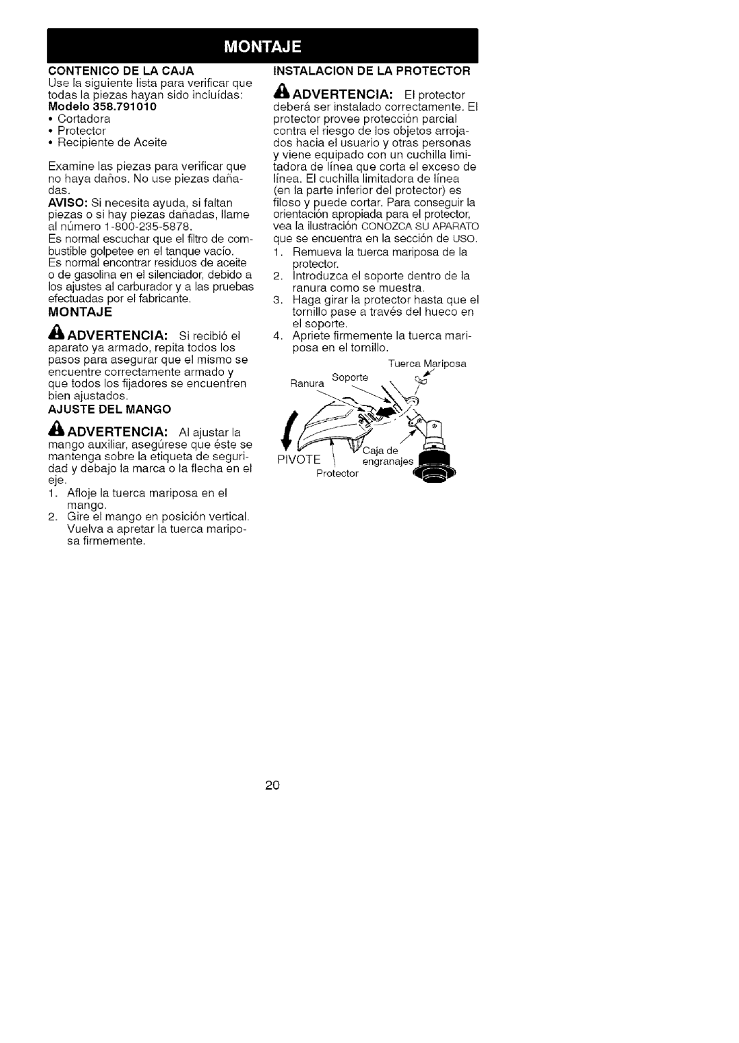 Craftsman 358.79101 instruction manual Montaje, Ajuste Del Mango 