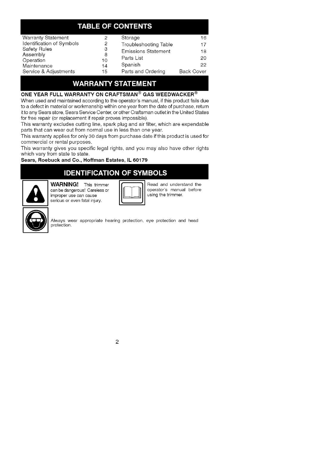 Craftsman 358.79103 operating instructions WarrantyStatement Storage, Oneyear Full Warranty on Craftsman GAS Weedwacker 