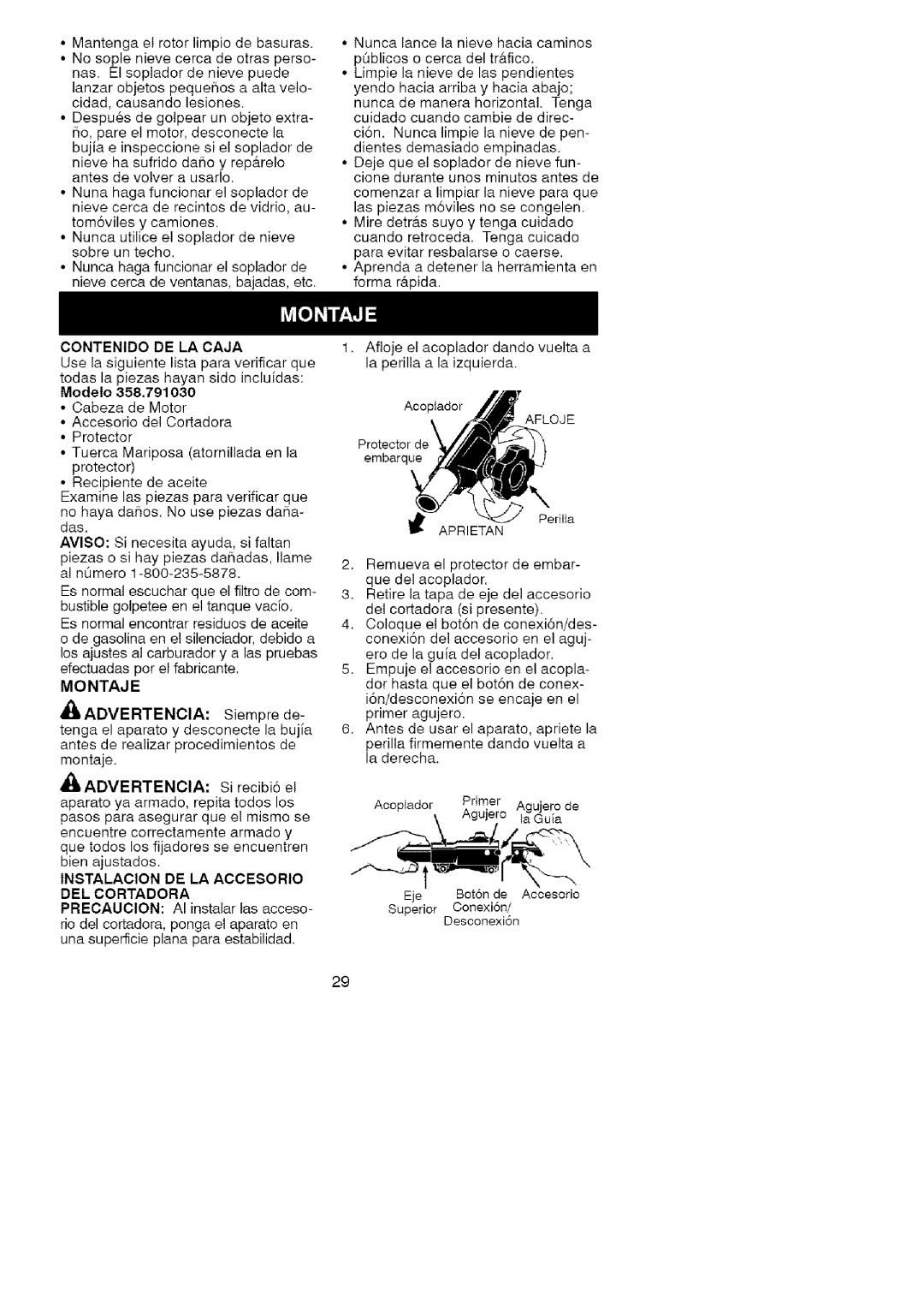 Craftsman 358.79103 operating instructions Mantengaelrotorlimpiodebasuras. Nuncalancenievehaciacaminos, Modelo, Montaje 