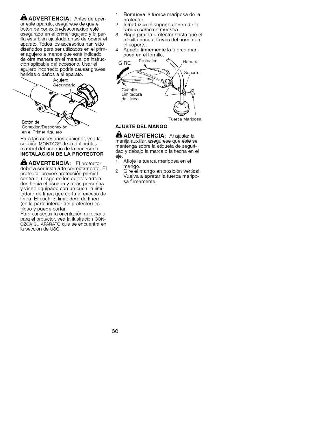 Craftsman 358.79103 operating instructions Instalacion DE LA Protector, Gire, Ajuste DEL Mango 