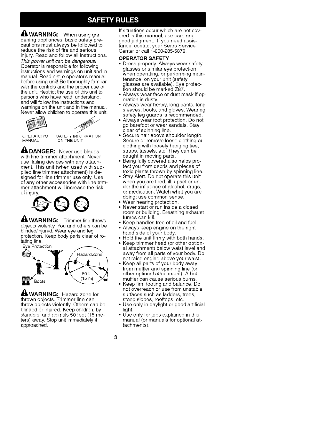 Craftsman 358.79103 operating instructions 4WARNING, This power unit can be dangerous, Operator Safety 