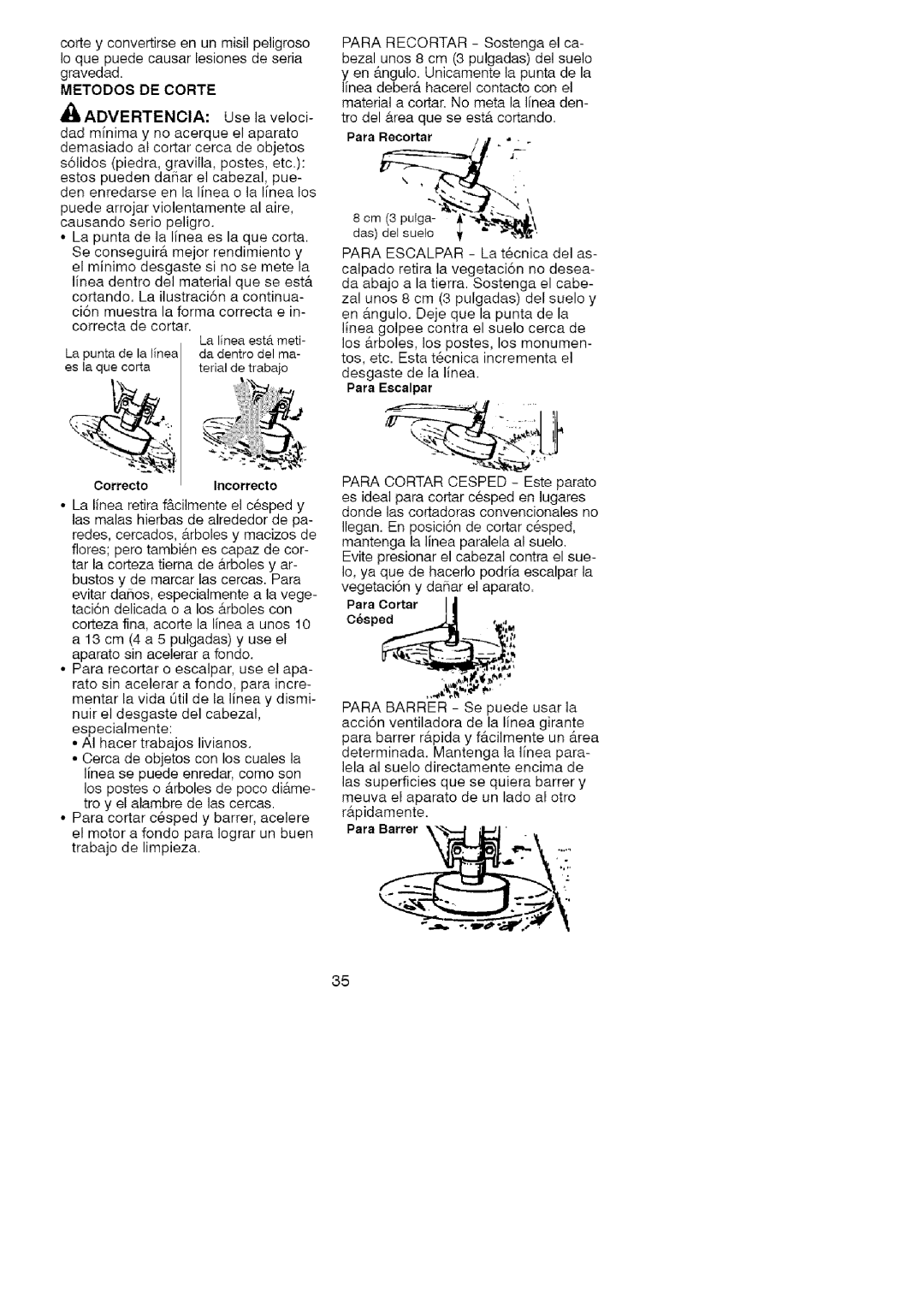 Craftsman 358.79103 operating instructions Metodos DE Corte, CorrectoIncorrecto, Para Escalpar 