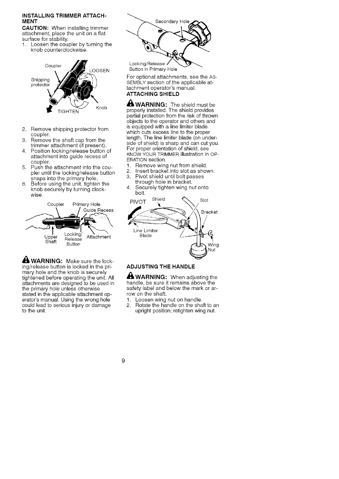 Craftsman 358.79103 Installingtrimmer Attach Ment, Iiiwarning, Attaching Shield, Pivot, Adjusting the Handle 