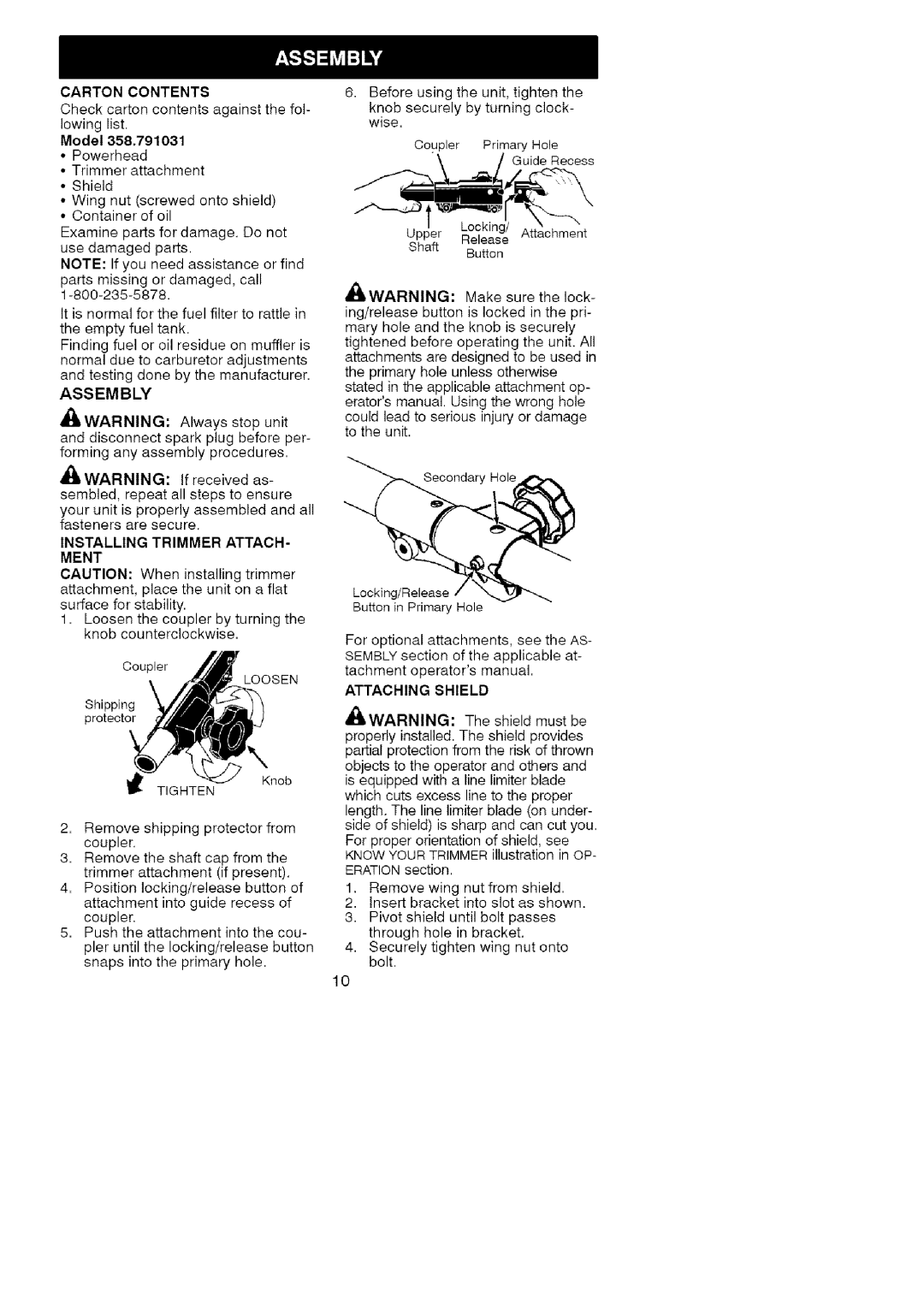 Craftsman 358.791031 operating instructions Cartoncontents Checkcartoncontentsagainstthefol- lowinglist 