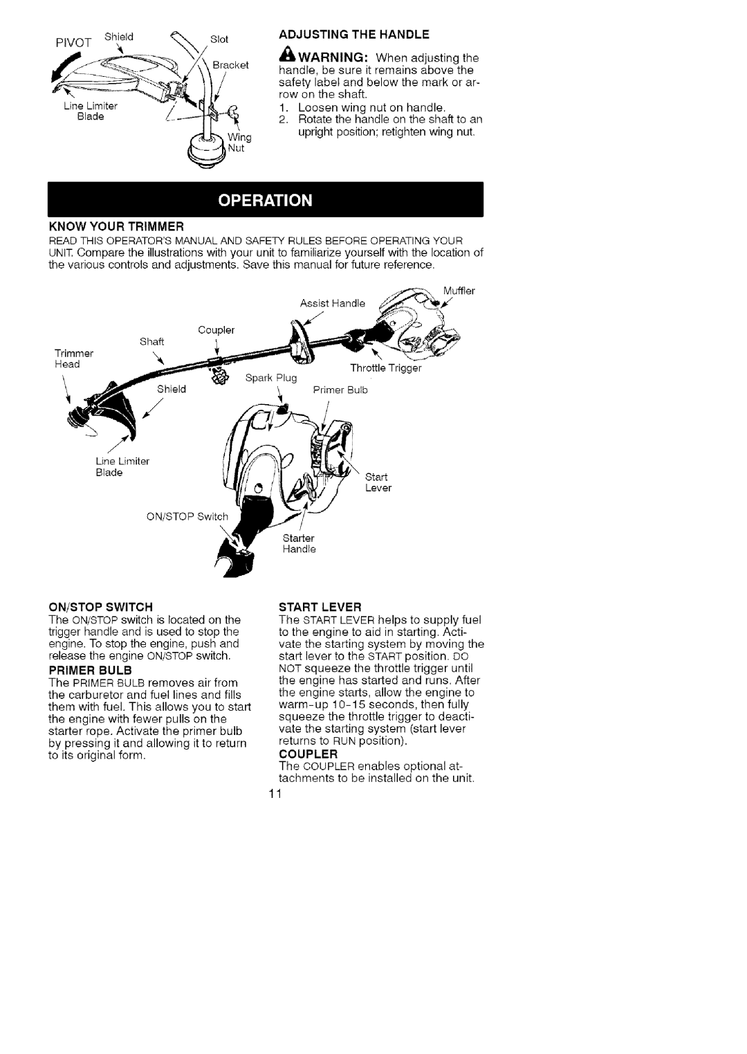 Craftsman 358.791031 operating instructions Handle, Start Lever 