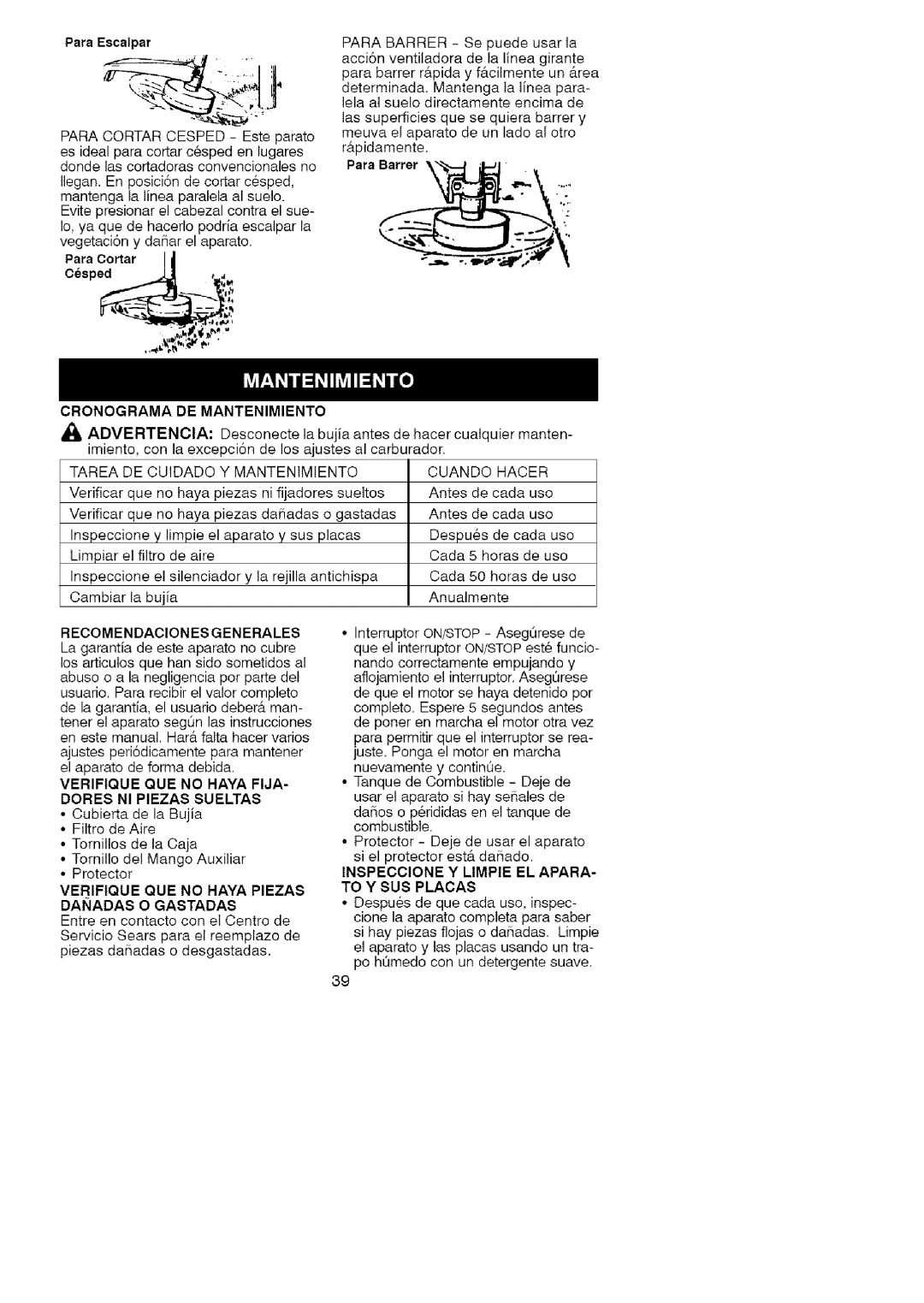 Craftsman 358.791031 Cronograma DE Mantenimiento, Recomendaciones Generales, Inspeccione Y Limpie EL Apara To Y SUS Placas 
