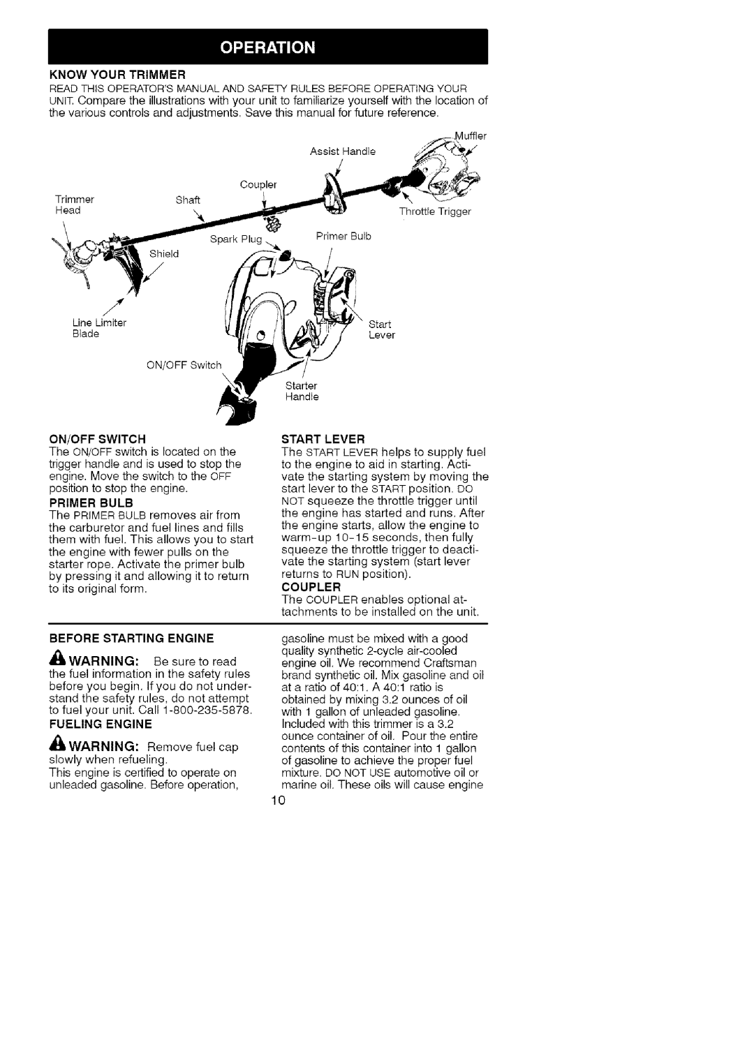 Craftsman 358.79105 operating instructions Know Your Trimmer, Primer Bulb, Before Starting Engine, Start Lever 