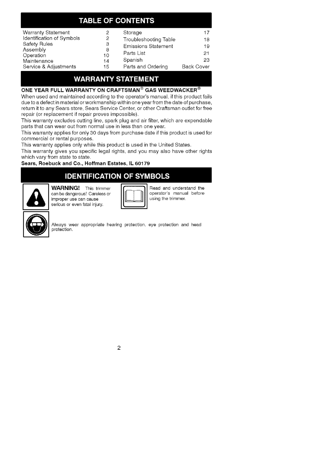 Craftsman 358.79105 ONE Year Full Warranty on Craftsman GAS Weedwacker, Sears, Roebuck and Co., Hoffman Estates, IL 