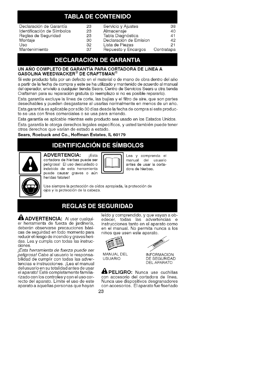 Craftsman 358.79105 operating instructions Advertencia, Manual DEL Informacion Usuario DE Seguridad DEL Aparato, Dpeligro 