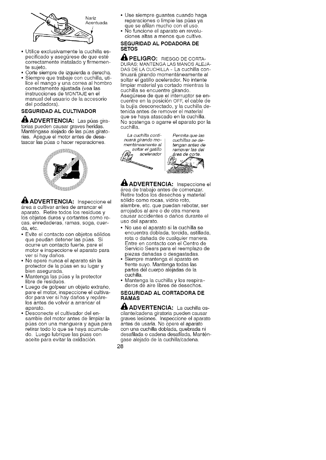 Craftsman 358.79105 operating instructions Seguridad AL Cultivador, Seguridad AL Podadora DE Setos, Peligro Riesgo DE Oorta 