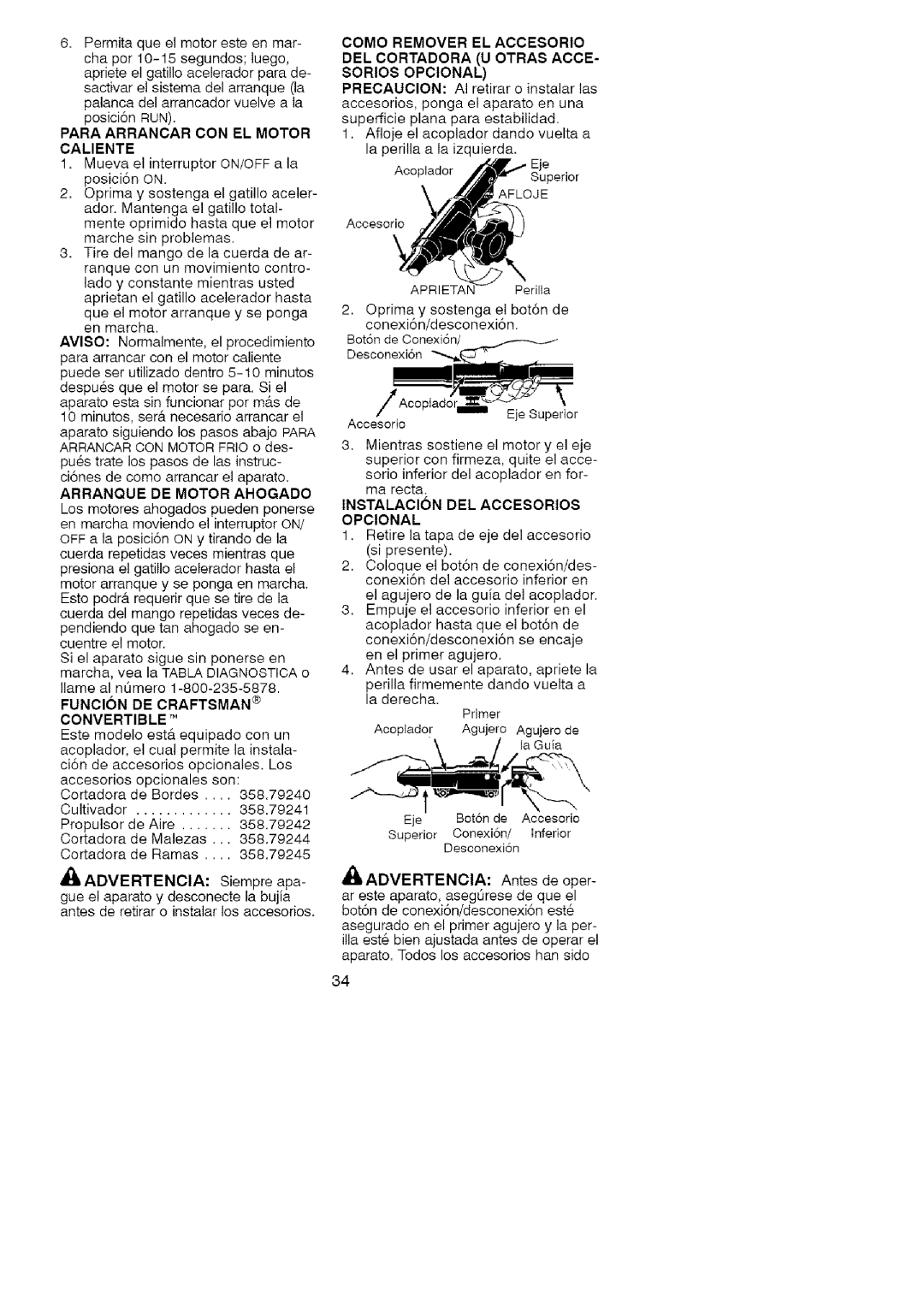 Craftsman 358.79105 Para Arrancar CON EL Motor Caliente, Arranque DE Motor Ahogado, Funcion DE Craftsman Convertible 