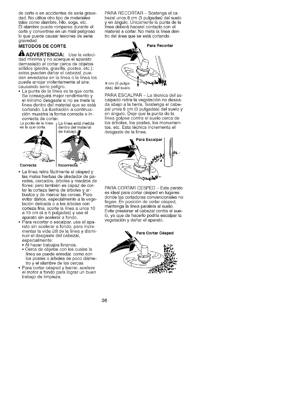 Craftsman 358.79105 operating instructions Metodos DE Corte, CorrectaIncorrecta 