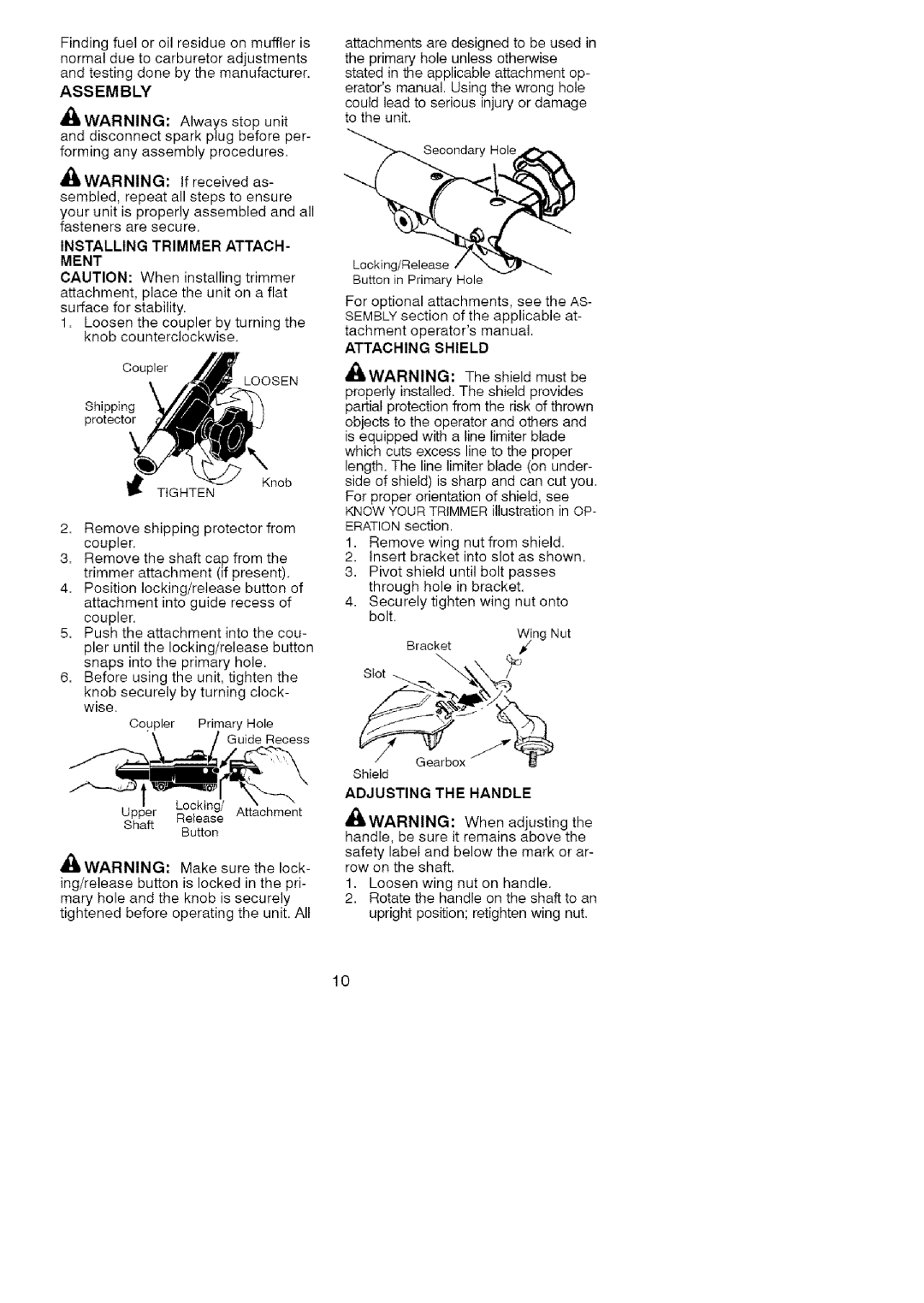 Craftsman 358.791051 manual Findingfueloroilresidueonmuffleris, Assembly, Trimmer Attach Ment, Attaching Shield 