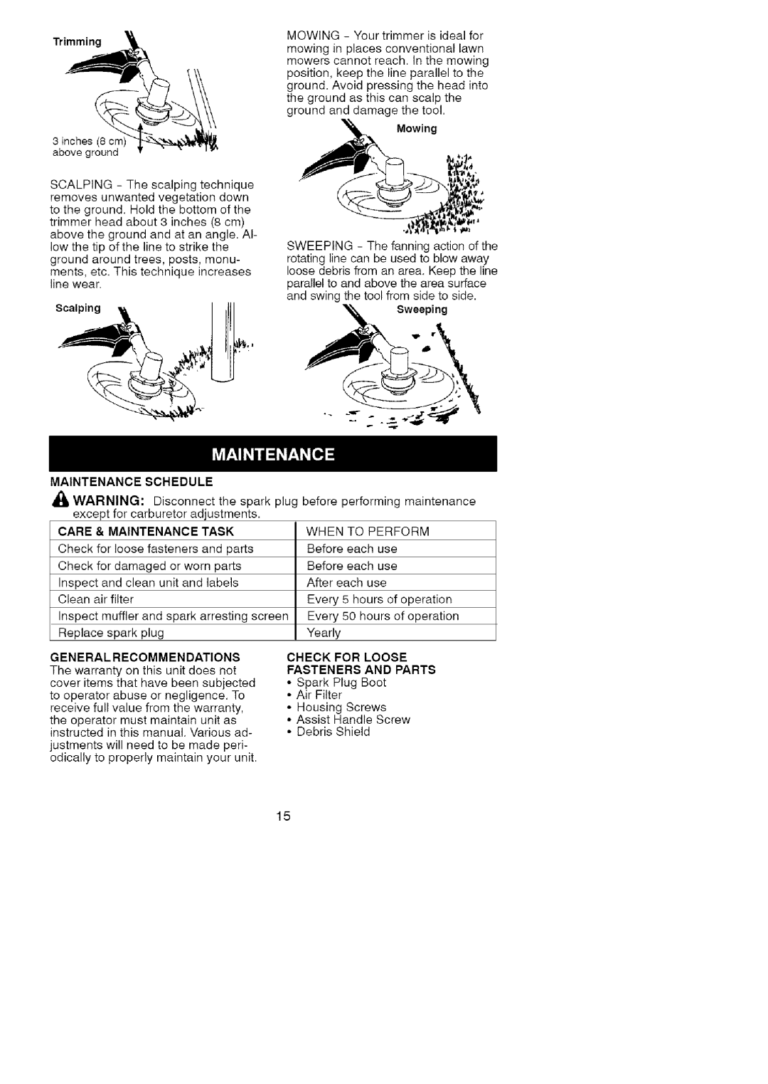 Craftsman 358.791051 manual Maintenance Schedule Care & Maintenance Task, General Recommen Dations 