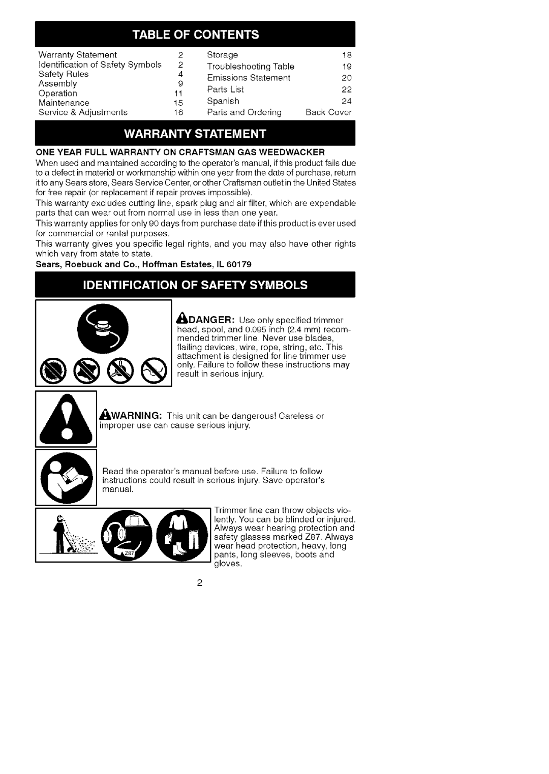 Craftsman 358.791051 manual ONE Year Full Warranty on Craftsman GAS Weedwacker, Sears, Roebuck and Co., Hoffman Estates, IL 