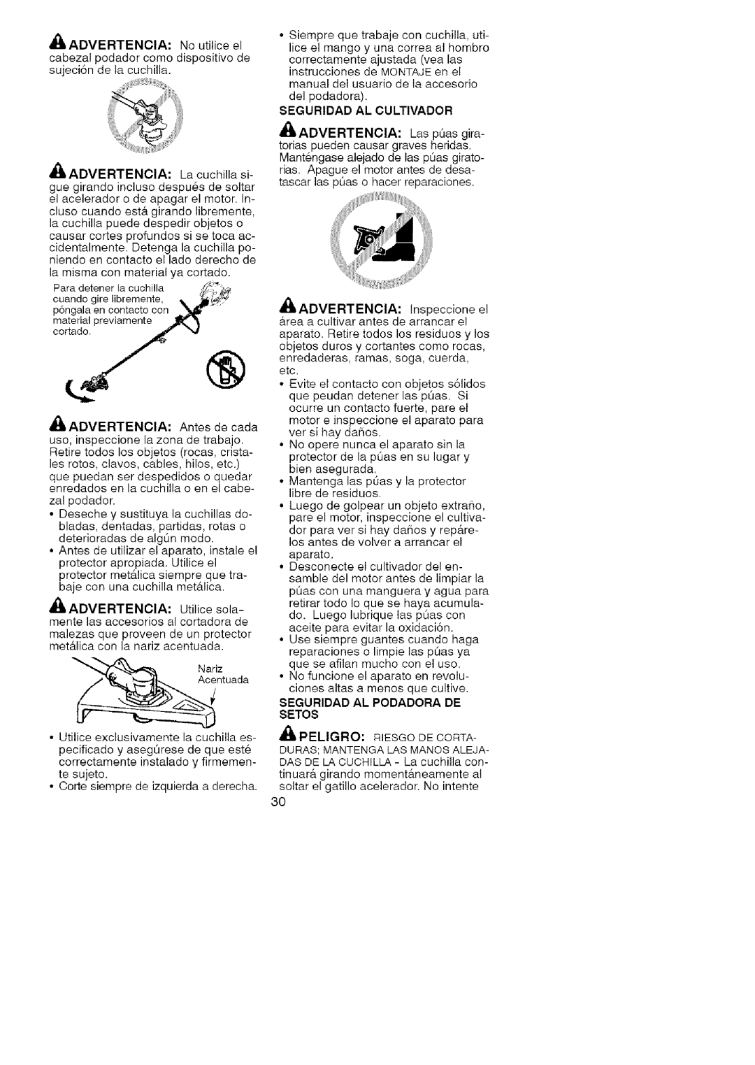 Craftsman 358.791051 manual ADVERTENClALacuchillasi- guegirandoinclusodespu6ssoltar, Seguridad AL Cultivador Advertencia 