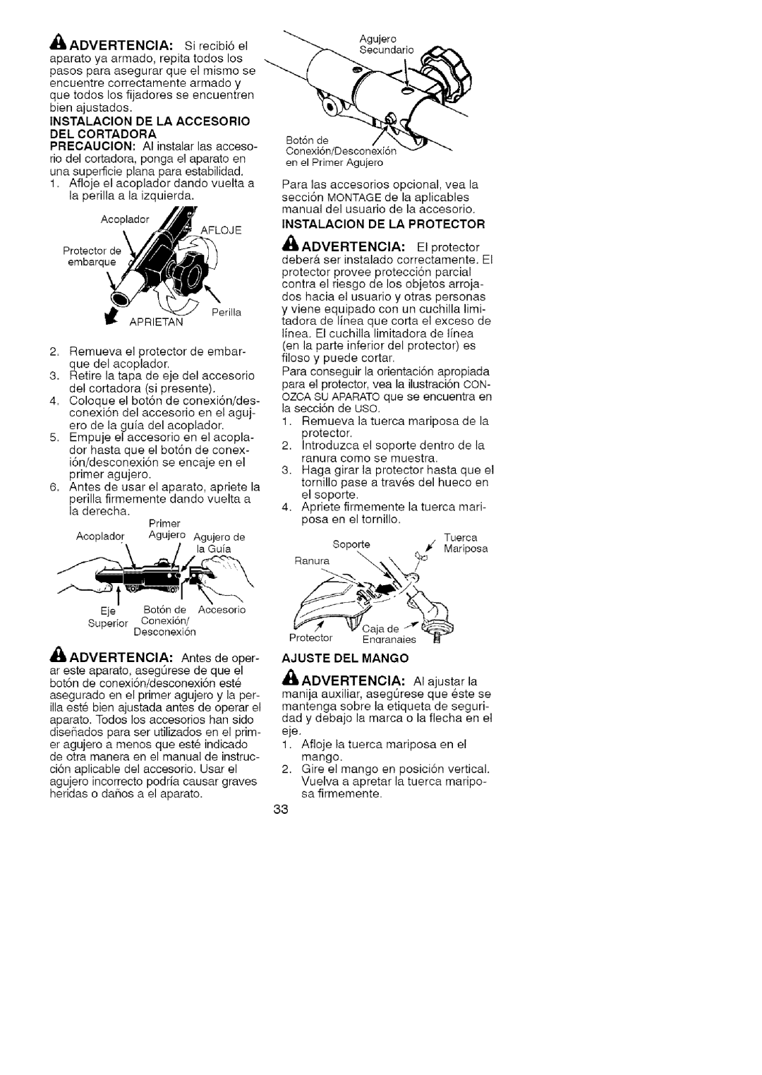 Craftsman 358.791051 manual Instalacion DE LA Protector, Ajuste DEL Mango 