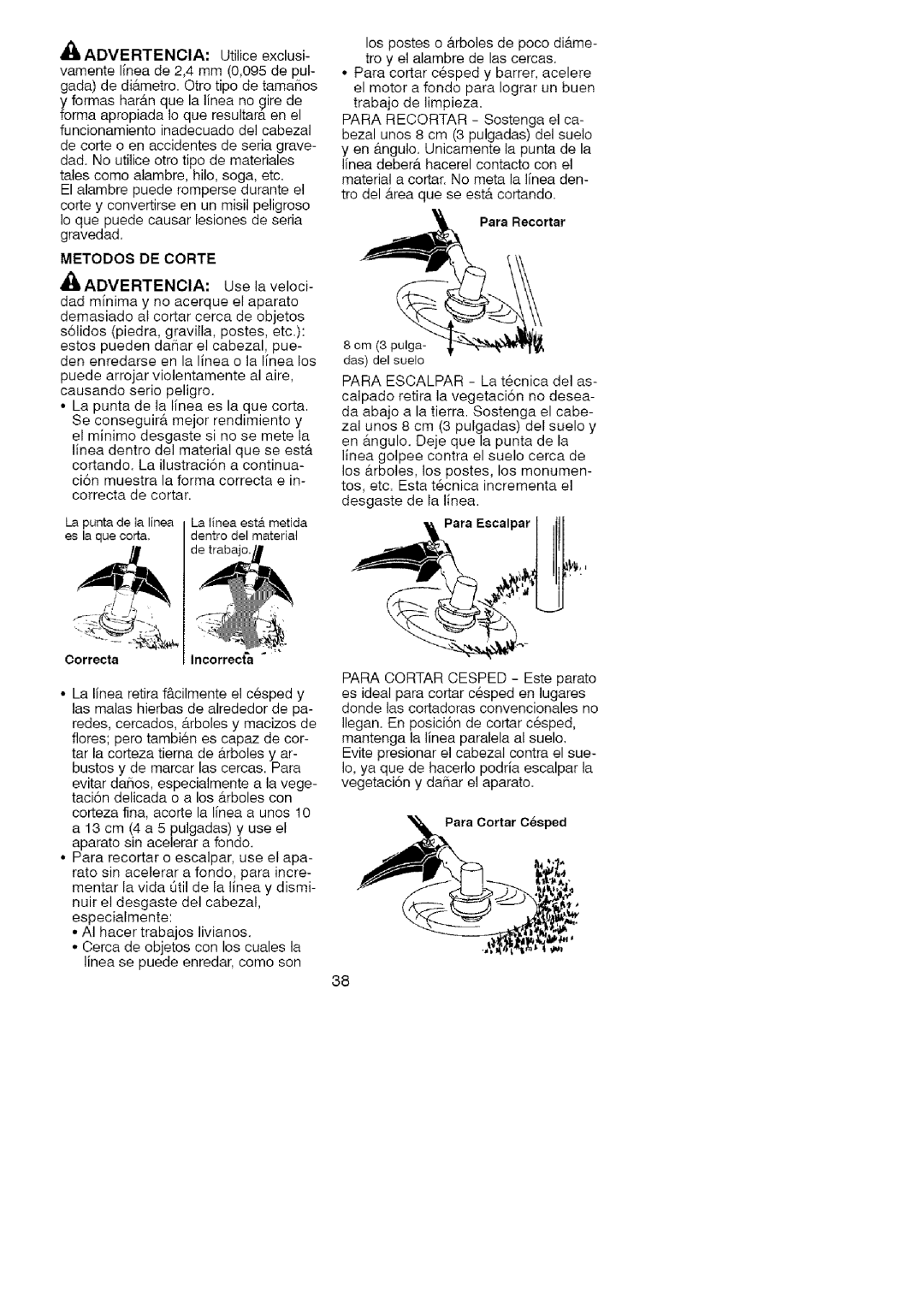 Craftsman 358.791051 manual Metodos DE Corte, Para Escalpar 