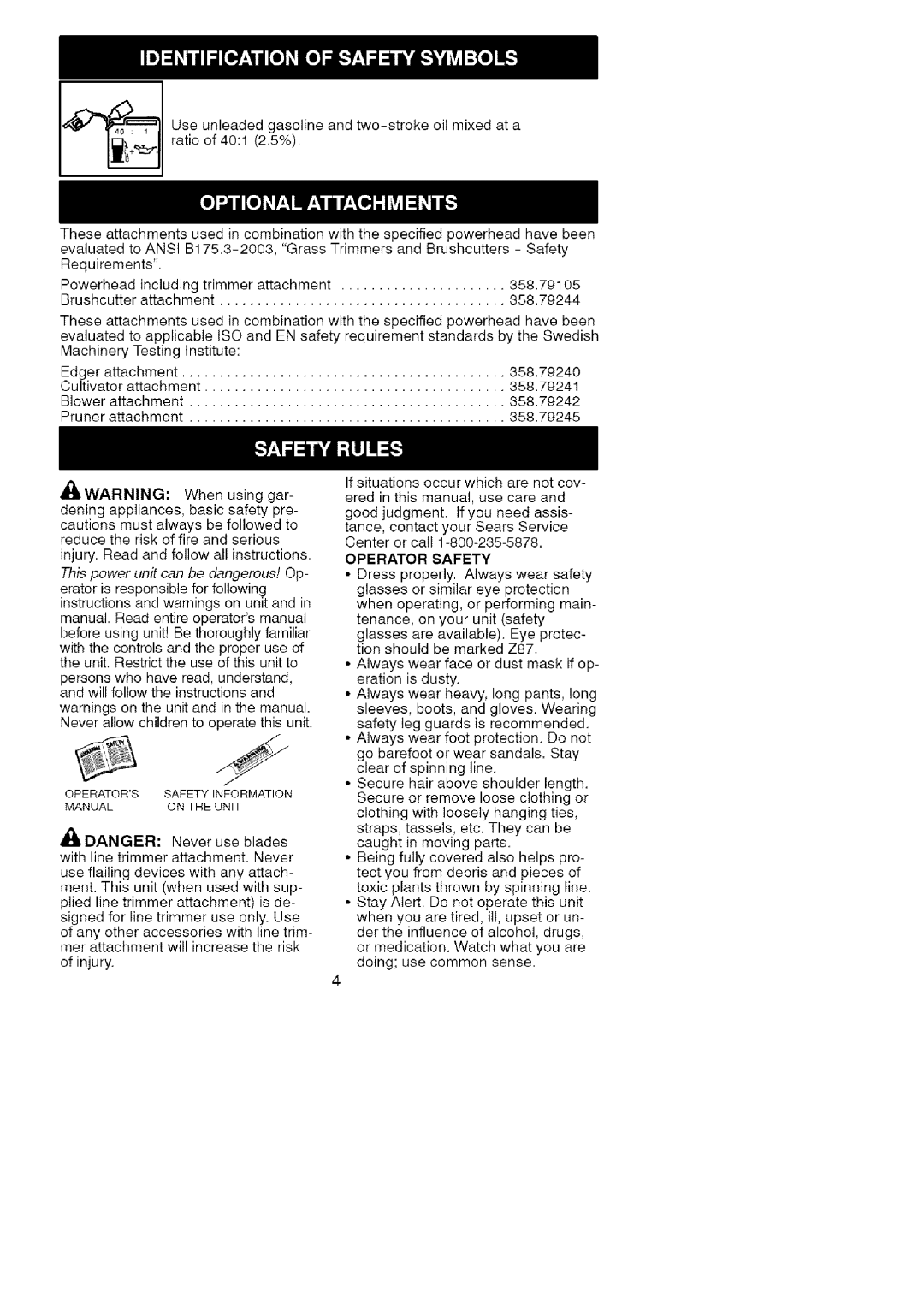 Craftsman 358.791051 manual Powerbeadincludingtrimmerattachment Brushcutterattachment, MlWARNINGWhenusinggar 