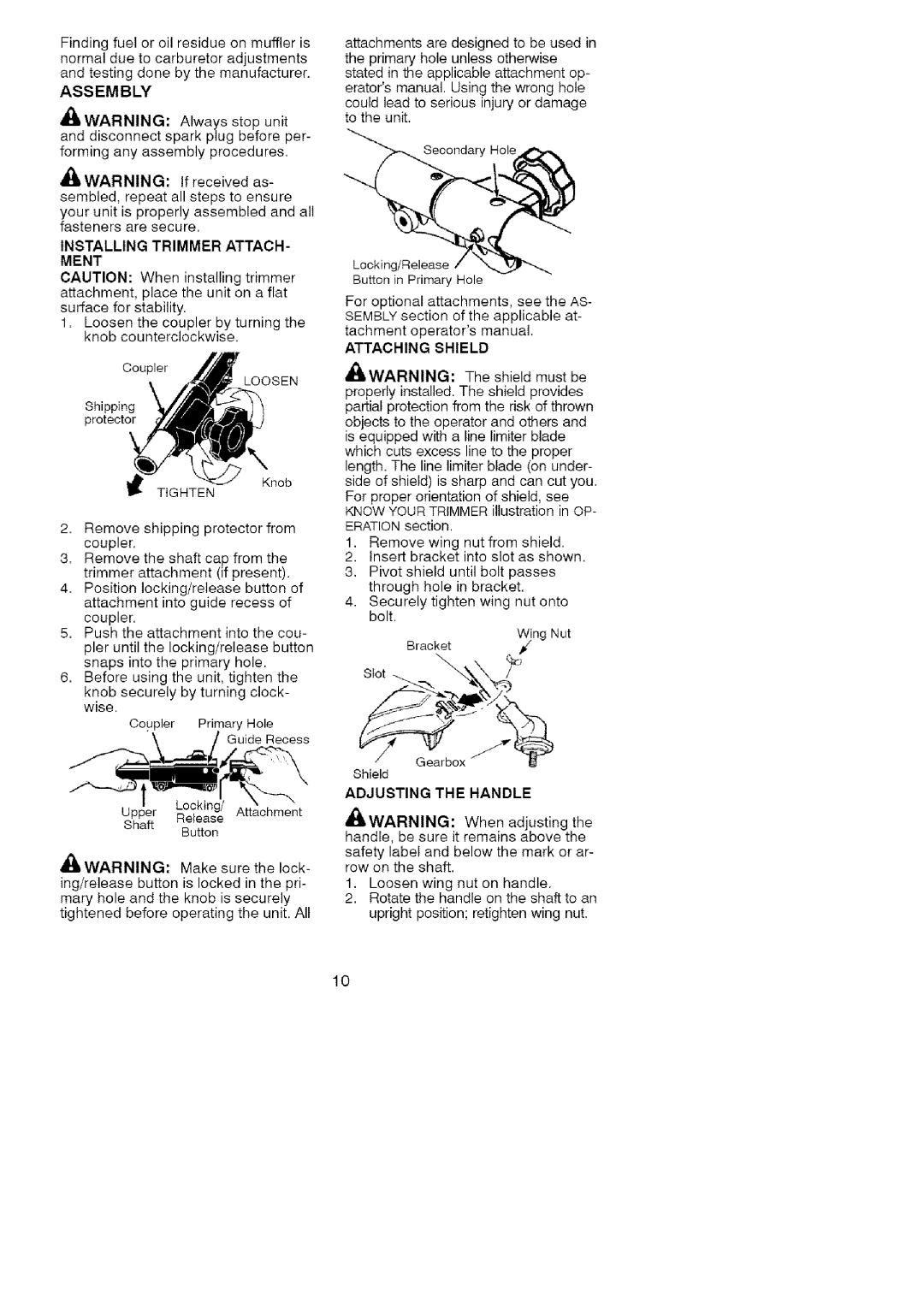Craftsman 358.791051 manual andtestingdonebythemanufacturerstated, Assembly, Trimmer, Ment, Attaching Shield 