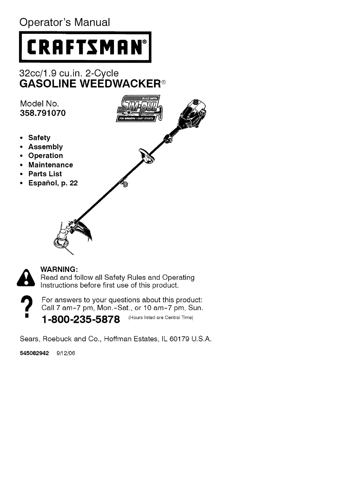 Craftsman 358.79107 manual Operators Manual 