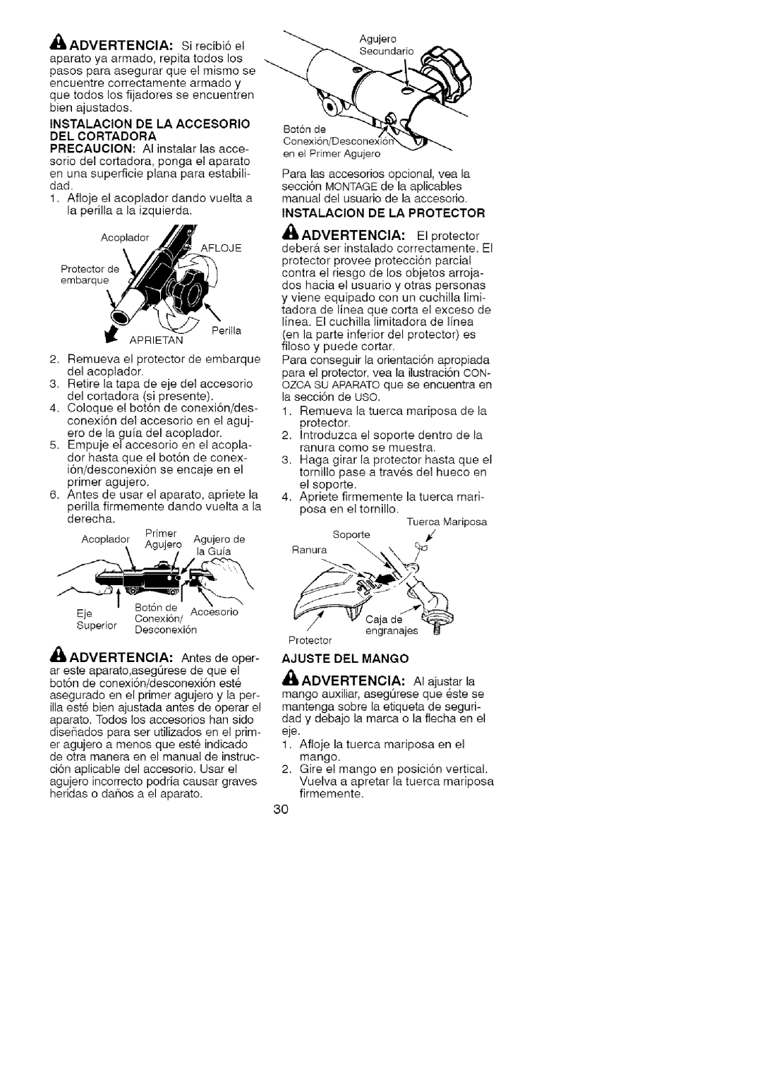 Craftsman 358.79107 manual Instalacion DE LA Protector, Ajuste DEL Mango, Iladvertencia 