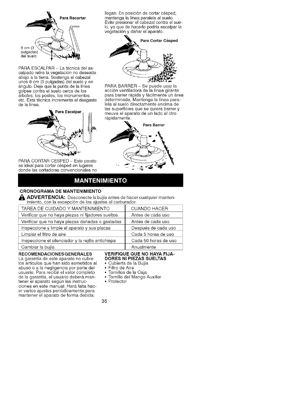 Craftsman 358.79107 Cronograma DE Mantenimiento, Tarea DE Cuidado Mantenimiento Cuando Hacer, Recomendaciones Generales 