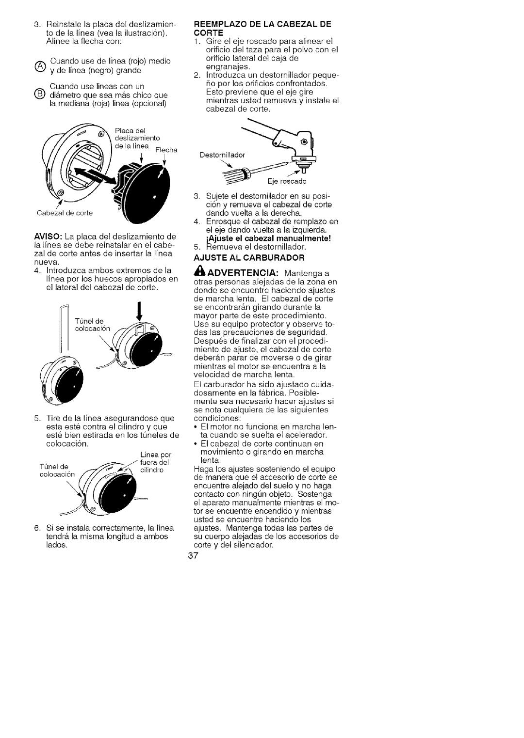 Craftsman 358.79107 manual Reemplazo DE LA Cabezal DE, Corte, Ajuste AL Carburador 